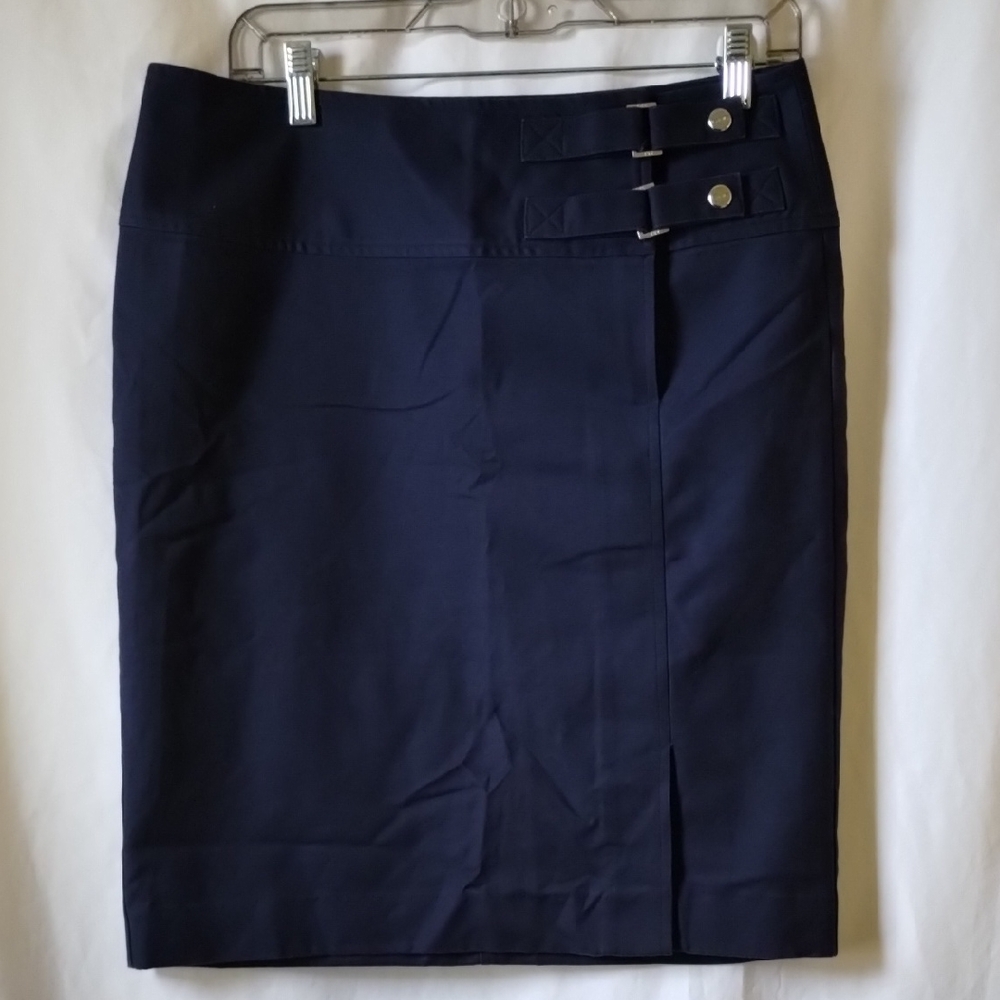 Ralph Lauren Navy Blue Pencil Skirt with Buckle Accents.